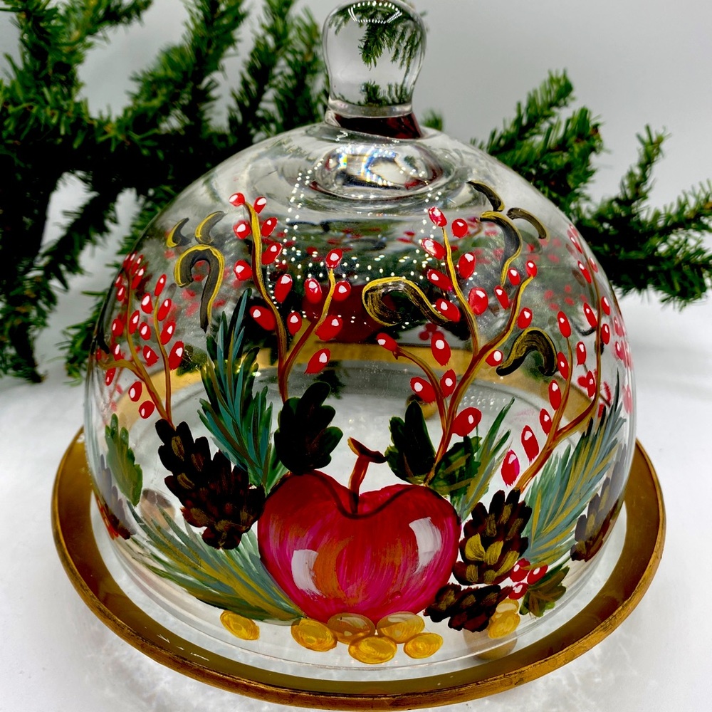 Hand painted Decorative Serving Glass Dome Holiday Cloche Apples Pine cones Gold